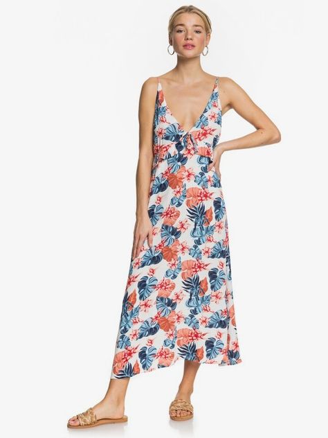 roxy, Close To Sea Strappy Midi Dress, SNOW WHITE STANDAR (wbk6) Flowy Floral Maxi Dress, Roxy Dress, Low Cut Dresses, Tropical Print Dress, Strappy Midi Dress, Roxy Women, Printed Wrap Dresses, Floral Print Maxi Dress, Strapless Maxi Dress