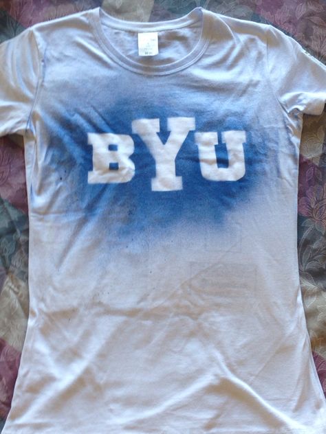 Diy byu shirts! Fabric spray paint and stencils Spray Paint Shirts Diy, Spray Painting Clothes, Spray Paint Shirt Ideas, Diy Team Shirts, Spray Paint T Shirt, Spray Paint Sweatshirt, Spray Paint Shirts, Spray Paint Clothes, Spray Paint Shirt