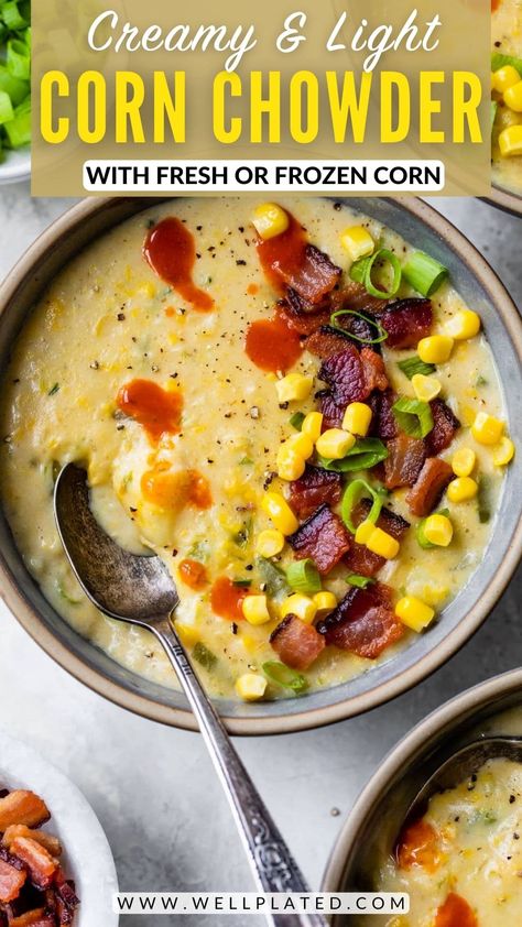 A lightened-up creamy corn chowder loaded with sweet corn, tender potatoes, and crisp, smoky bacon. It's a soup that eats like a meal! Best Corn Chowder Recipe, Corn Chowder With Bacon, Bisque Recipes, Creamy Corn Chowder, Bacon Corn Chowder, White Bean Soup Recipes, Corn Chicken, Corn Chowder Recipe, Bisque Recipe