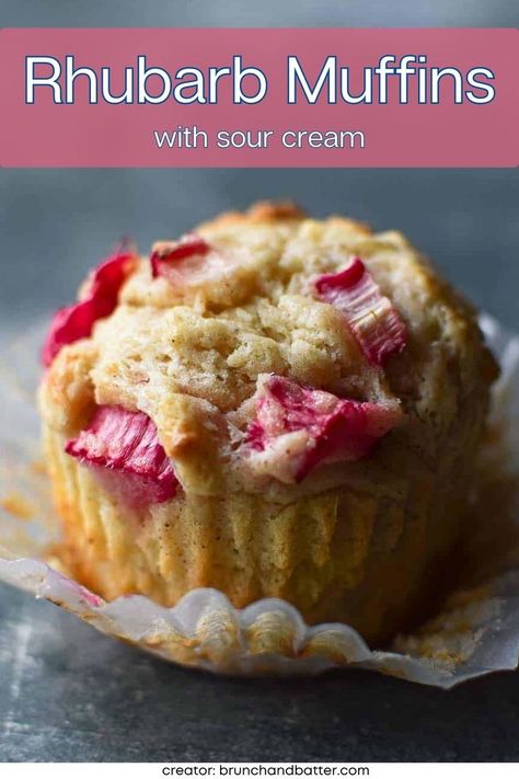 text rhubarb muffins with sour cream and photo of rhubarb muffins on gray table Muffins Made With Sour Cream, Recipes For Rhubarb, Rhubarb Muffins Recipe, Muffins With Sour Cream, Blue Velvet Cupcakes, Recipe With Sour Cream, Rhubarb Rhubarb, German Chocolate Cupcakes, Apple Pie Cupcakes