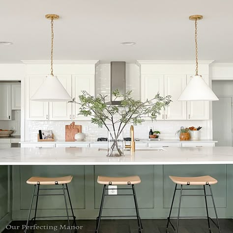 White Kitchen Green Island, Kitchen Green Island, Pottery Barn Kitchen, Green Kitchen Island, Modern Farmhouse Dining Room, Kitchen Green, Green Island, Gray And White Kitchen, Bohemian Kitchen