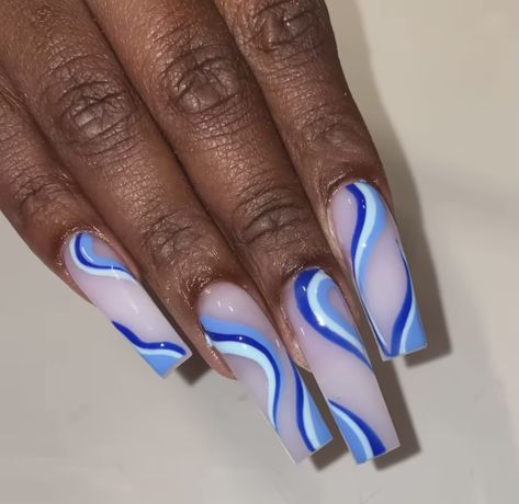 Blue Swirl Nails, Navy Blue Nail Designs, Ambre Nails, Easy Nail Designs Summer, Girly Tingz, Abstract Nail, Art Deco Nails, Hello Nails, Long Acrylic Nail Designs