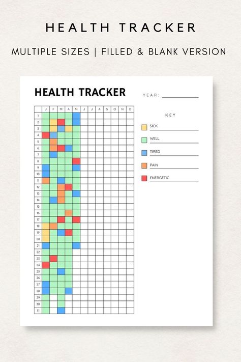 Bujo Health Tracker, Bullet Journal Health Tracker, Yearly Tracker Bullet Journal, Health Tracker Bullet Journal, Year Planner Ideas, Trackers Ideas, Energy Tracker, Year Tracker, Health Tracker Printable