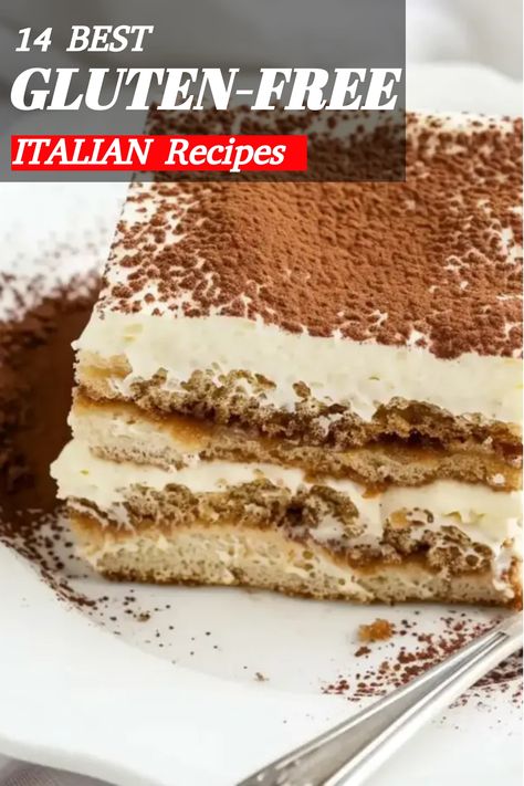 A luxurious slice of gluten free tiramisu, layered with homemade ladyfingers, rich mascarpone cream, and espresso, topped with cocoa powder for the ultimate gluten free Italian dessert. Gluten Free Italian Desserts, Gluten Free Italian Recipes, Italian Crockpot Recipes, Gluten Free Tiramisu, Italian Cheesecake, Italian Meals, Gluten Free Lasagna, Gluten Free Italian, Italian Menu