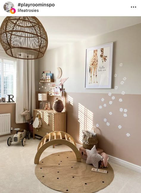 Playroom Half Wall Paint, Wall Paint Two Colors, Neutral Mural Wall, Half Painted Wall With Trim, Beige Half Wall, Half Accent Wall Nursery, Toddler Room Wall Paint, Half Wall Paint Kids Room, Half Wall Nursery