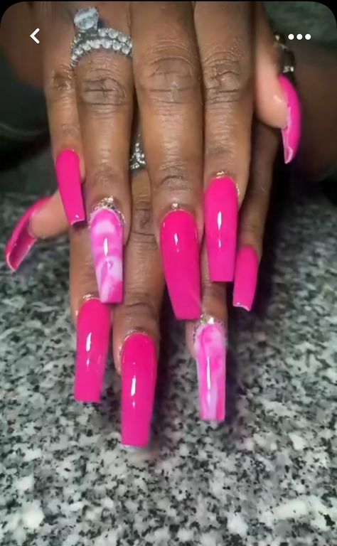 Dark Pink Gel Nail Designs, Hot Pink And Black Nails Acrylic Coffin, Hot Pink Marble Acrylic Nails, Hot Pink Nails Acrylic Coffin, Hot Pink Aesthetic Nails, Barbie Pink Acrylic Nails Short, Black Barbie Nails, Neon Nail Ideas Summer Square, Barbie Pink Acrylic Nails Designs