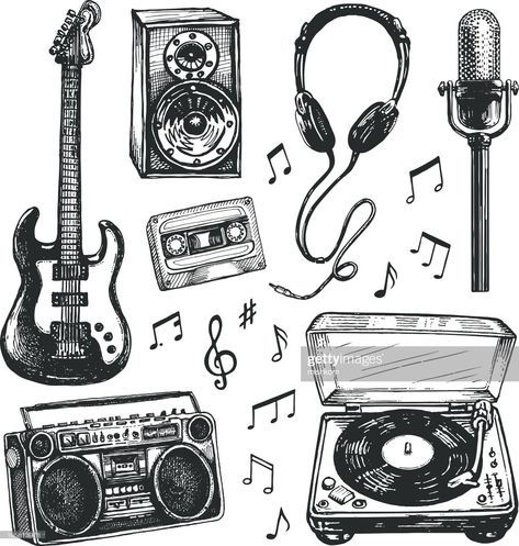 Drawings Of Music, Music Related Drawings, Guitar Doodle, Guitar Sketch, Musical Design, Music Sketch, Musical Instruments Drawing, Music Doodle, Black And White Drawings