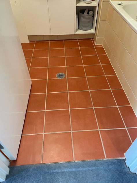 Hi,  I have red terracotta tiles in my kitchen, bathroom and laundry but I'm sick of the colour.  I also need to replace my carpet.  Rather than drilling and ripping the tiles up, is it easier /possible to paint them in a neutral colour?  Attached are current pics and the carpet I'll be choosing.  I... Painted Terracotta Tiles, Paint Terracotta, Terracotta Tile Floor, Terracotta Floor Tiles, Terracotta Floor, I'm Sick, Tiling Tools, Small Tiles, Construction Adhesive