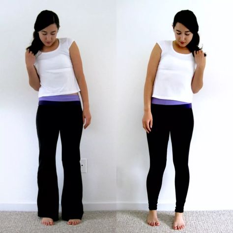 Yoga Pants to Leggings: Clothing Upcycle Yoga Pants Diy, Wet Leggings, Pants Diy, Yoga Inspiration Photos, Diy Yoga, Diy Pants, Yoga Studio Design, Thrift Flips, Clothing Upcycle