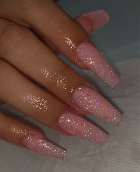 Pink Sparkle Nails, Pink Sparkly Nails, Pink Glitter Nails, Prom Inspo, Hippie Nails, Simple Acrylic Nails, Classy Acrylic Nails, Soft Nails, Sparkle Nails