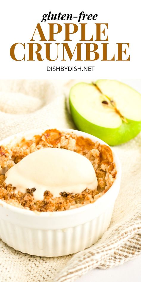 In this easy gluten-free apple crumble recipe, soft, tender apple chunks are topped with a deliciously crunchy crumble topping! It's the perfect dessert to celebrate fall, and enjoy during Thanksgiving dinner or holiday meals. Totally dairy-free and vegan too, but no one would care! | apple crumble gluten free | gluten free vegan desserts | vegan dessert recipes Gluten Free Dairy Free Apple Crumble, Gluten Free Apple Crumble Recipe, Gf Apple Crumble, Apple Crumble Gluten Free, Apple Crumble Recipe Easy, Fruit Crumble Recipe, Apple Crumble Topping, Gluten Free Crumble, Gluten Free Apple Crumble