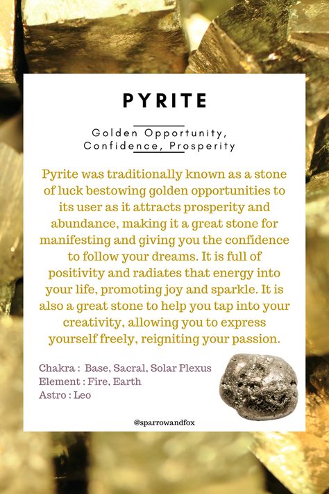 Pyrite was traditionally known as a stone of luck bestowing golden opportunities to its user as it attracts prosperity and abundance, making it a great stone for manifesting and giving you the confidence to follow your dreams. Crystal Planet, Crystals Healing Grids, Crystal Magick, Best Healing Crystals, Minerals Crystals Stones, Yellow Crystals, Pyrite Stone, Tips For Happy Life, Prosperity And Abundance