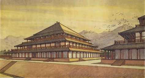 A Zhou dynasty palace. The Zhou era was the final period of feudalism in China, after which the land would become largely unified as an empire under Qin Shi Huangdi. I don't know much else about this building in particular, but recreations of ancient Chinese buildings are hard to come by. Approx 700-400 BC. Artist unknown. Chinese Traditional Art, Chinese Buildings, Ancient Korea, Qin Dynasty, Zhou Dynasty, World Architecture, Asian Inspiration, Architecture Images, Asian History