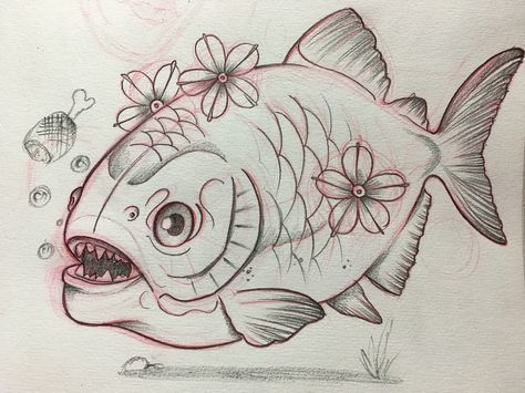 Piranha Drawing, Piranha Fish Art, Piranha Tattoo, Monsters Drawings, Piranha Fish, Cute Monsters Drawings, Flash Ideas, Monster Drawing, Fish Drawings