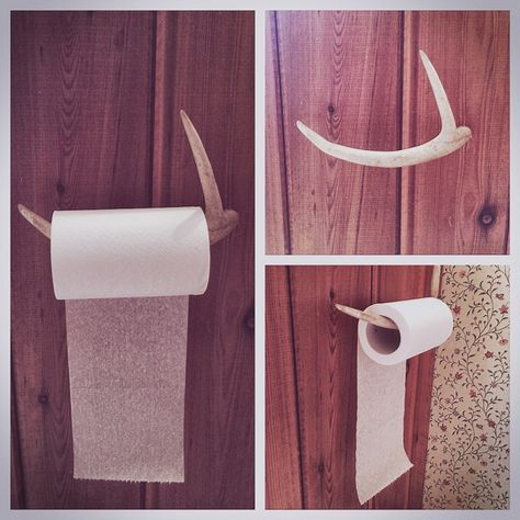 This is our "Deer Antler Toilet Paper Holder!"  While walking through the woods and finding this deer antler we had to find a way to put it to good use.  And we said why not use it to hold the toilet paper!! #Deer #Antler #Toilet #Antique #Creative #Unique #Country Antler Toilet Paper Holder, Deer Horns Decor, Diy Towel Holder, Diy Antler, Towel Holder Diy, Antler Decor, Horns Decor, Antler Lights, Bathroom Holder