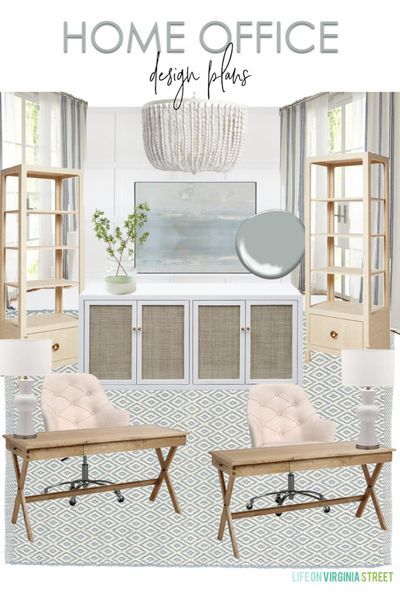 A shared home office design plan with neutral, blue, and white touches throughout. I love the wood desks paired with linen desk chairs, grasscloth bookcases, cane cabinet, blue abstract art and white wood bead chandelier! #officedesign #officedecor #homedecorating #designboard Home Office White Furniture, Coastal Modern Office Design, Tiffany Blue Office Ideas, Cottage Home Office Ideas, Modern Coastal Home Office, Coastal Home Office Ideas, Coastal Office Design, Office Chandelier Ideas, Home Office Chandelier