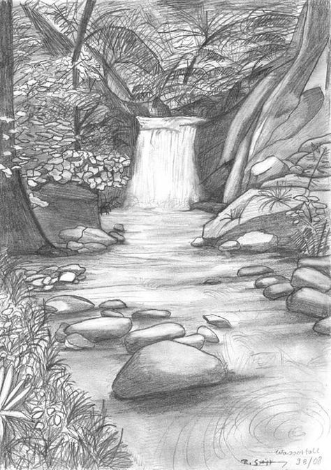 Scenery Drawing Pencil, Pencil Sketches Landscape, Waterfall Drawing, Pencil Drawings Of Nature, Landscape Drawing Easy, Landscape Pencil Drawings, Drawing Scenery, Nature Art Drawings, Sketch Portrait