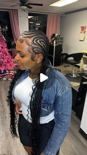 JULY BOOKS ARE OPEN💜 on Instagram: "Freestyle set 😍😍😍 @_dollfaceturquois   #phillybraider #stitchbraids #knotlessbraids #freestylebraids #phillyhairstylist #protectivestyles #reels #reelsinstagram #explore #trending #viralreels" Freestyle Stitch Braids With Curls, Scalp Braids With Weave, Straight Back Feed In Braids With Design, Boho Feed In Braids, Freestyle Stitch Braids, Small Feed In Braids, Freestyle Braids, Scalp Braids, Feed In Braids Hairstyles