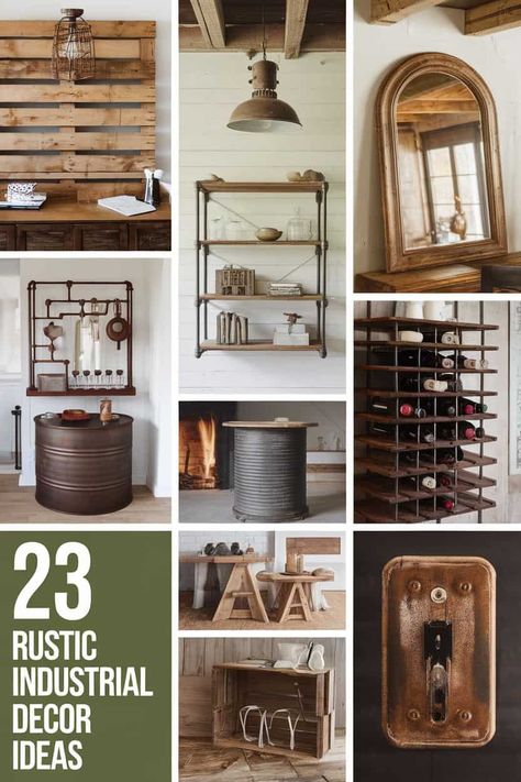 23 Rustic Industrial Decor Ideas to Transform Your Space (LIst) - Fabricerie Industrial Paintings Art, Exposed Brick Accent Wall, Industrial Restaurant Design, Rustic Living Room Ideas, Industrial Chic Interior, Corrugated Metal Wall, Brick Accent Walls, Industrial Farmhouse Decor, Industrial Paintings