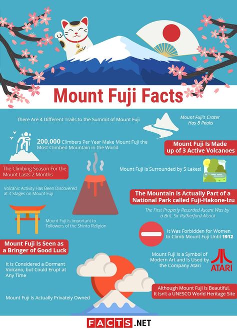 Cool Things About Mount Fuji Last week we took a staycation to Mt. Fuji in Japan and we've been planning a big trip to Japan in the next 10 years where we will visit Mt. Fuji explore Tokyo and even hit up Tokyo Disney. So why is Mt. Fuji so attractive to visitors? Here are a few more cool facts: The distinctive cone shape of Mt. Fuji is very unusual for a volcano. Not only is it beautiful but it's actually very climbable for even novice hikers. It can take 4-8 hours to hike to the top meaning yo Hiking Mount Fuji, Mount Fuji Travel, Japan Unit Study, Japan Facts For Kids, Japan Volcano, Facts About Japan, Japan Mount Fuji, Japan For Kids, Japan Quotes