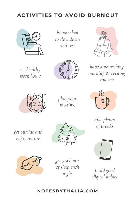 Know the things to do to avoid burnout that includes know when to slow down and rest, set healthy work hours, have a nourishing morning & evening
routine, plan your "me-time", take plenty of breaks, get outside and enjoy nature, get 7-9 hours of sleep each night and build good digital habits; Black text on an off-white background with hand-drawn icons and coloured shapes. Self Care Exercises, Avoid Burnout, Self Care Bullet Journal, Get My Life Together, Mental And Emotional Health, Self Care Activities, Self Compassion, Self Motivation, Lifestyle Fashion