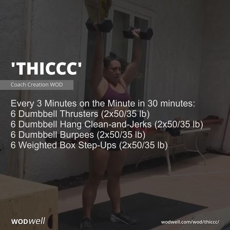 Dumbbell Crossfit Wod, Crossfit Workouts At Home With Dumbbells, Dumbbell Crossfit Workout, Thrusters Workout, Dumbbell Wod, Weighted Step Ups, Dumbbell Thrusters, Strength Wod, Wods Crossfit