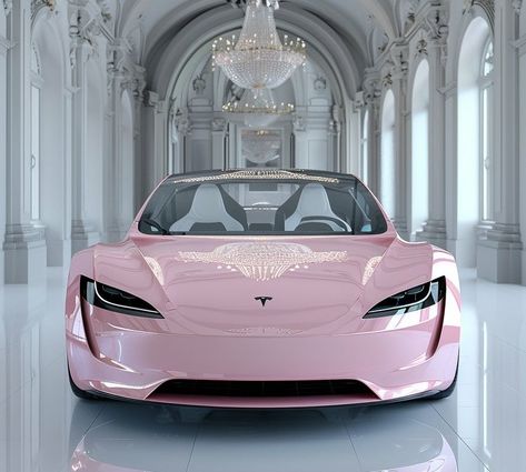 Light Pink Lamborghini, Dream Cars Tesla, Pink Jaguar Car, Dream Car Pink, Pink Tesla Model 3, Pink Tesla Interior, Pink Cybertruck, Pink Tesla Car, Pink Honda Civic