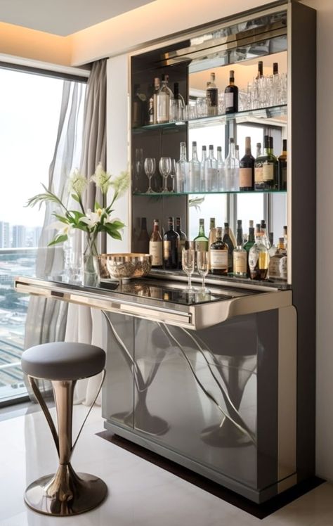 Bar In Living Room, Bar Lounge Room, Hangout Space, Small Bars For Home, Home Bar Counter, Home Bar Ideas, Bar Counter Design, Home Bar Cabinet, Home Bar Rooms