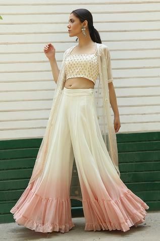 Top And Palazzo Set, Sarara With Crop Top And Jacket, Crop Top Palazzo With Jacket Indian, Western Outfits Women For Party, Crop Top With Plazo Indian, Pant And Blouse Outfit Indian, Crop Top Pants Set Indian, 2 Piece Indian Outfit, Palazoo Sets Crop Tops Indian