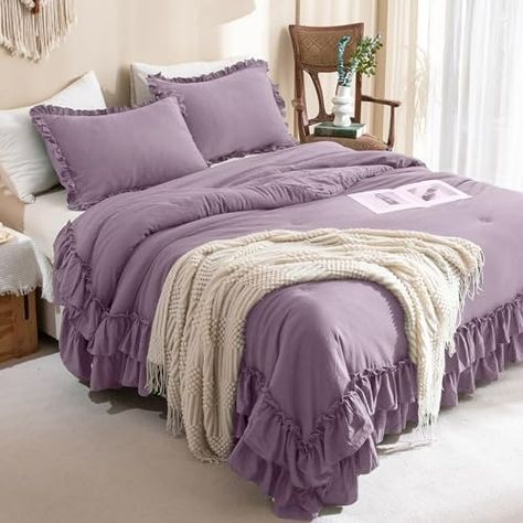 Amazon.com: Masaca Ruffle Comforter Queen Size,Farmhouse Shabby Boho Chic Queen Bedding Comforter Set,3pcs Ultra Soft Fluffy Grayish Purple Comforter Sets for Queen Bed with 2 Ruffled Pillowcases : Home & Kitchen Purple Comforter Sets, King Bed Comforter, Boho Chic Bedding, Ruffle Comforter, Purple Comforter, King Size Comforter, Queen Bedding, Shabby Vintage, Queen Bed