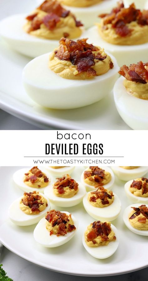 Bacon deviled eggs are a crowd-favorite appetizer for your next party. These deviled eggs have just a pinch of cayenne pepper for a hint of warmth and are topped with plenty of crumbled bacon. Bacon Deviled Eggs Recipe, Ranch Deviled Eggs, Perfect Hard Boiled Eggs, Bacon Deviled Eggs, Bacon Eggs, Hard Cooked Eggs, Deviled Eggs Recipe, Flavored Bacon, Eggs Recipe