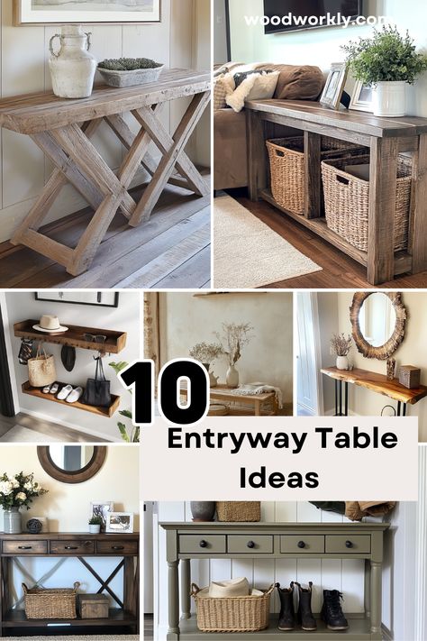 Looking for entryway table ideas? Discover creative designs that add style and functionality to your home's entrance. Click to explore these inspiring ideas! #EntrywayDecor #HomeDesign #DIYFurniture #Woodworking #HomeDecor Modern Farmhouse Entryway Table, Easy Diy Entryway, Entryway Table Diy, Long Entryway Table, Diy Entry Table, Diy Entryway Table, Wood Entry Table, Entryway Table Ideas, Farmhouse Entry Table