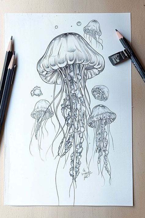 A delicate pencil drawing of a large jellyfish with smaller ones in the background, emphasizing the elegance of marine sketches. Jellyfish Outline Drawing, Blue Jellyfish Drawing, Jellyfish Pencil Drawing, Sea Animals Sketch, Sketches Jellyfish, Aquatic Drawings, Jellyfish Art Drawing, Under Water Drawing, Drawing Inspiration Sketchbooks