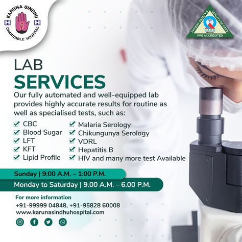 Get highly accurate results for routine and specialised tests at Karuna Sindhu Charitable Hospital’s fully computerised and well-equipped lab. Book your appointment now! 9999904848 Visit Official Website: https://karunasindhuhospital.com/lab-services . . #karunasindhuhospital #charitablehospital #labservice #pathology #medicine #medica #radiology #biology #laboratory #pathologist Radiology Creative Ads, Pathology Lab Creative Ads, Biology Laboratory, Healthcare Ads, Fever Symptoms, Med Lab, Pathology Lab, Banner Design Layout, Medical Posters