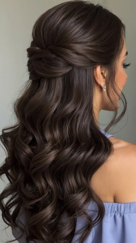 Curled Wedding Hair Down With Headband, Down Curly Hairstyles For Wedding, Wedding Curls Long Hair, Hairstyles For Curly Hair For Wedding, Wispy Half Up Half Down Hair, Wedding Hairstyles For High Neck Dresses, Wedding Hairstyles Half Up Half Down Curly, Half Up Half Down Curly Wedding Hair, Bride Hairstyles Half Up Half Down Long