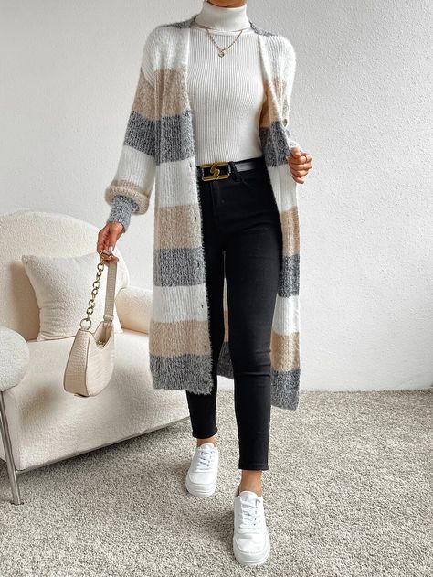 Cable Knit Jumper Dress, Long Cardigan Outfit, Outfits 2000s, Drop Shoulder Cardigan, Fall Attire, Long Knit Cardigan, Cardigan Casual, Longline Cardigan, Color Block Cardigan