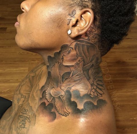 African Neck Tattoos, Great Cover Up Tattoos Ideas, Rapper Neck Tattoo, Cloud Tattoo Neck, Clouds Neck Tattoo, Full Neck Tattoo For Guys Hood, Top Shoulder Tattoo Men, Neck Tattoo For Black Guys, Neck Tattoo For Black Men