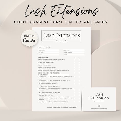 "Editable Salon Forms, Esthetician Business, Consultation Forms, Eyelash Aftercare Cards, Eyelash Extension Forms, Editable Lash Consent Templates, Lash Tech Consultation ✰ Are you looking for a form template to help you customize your Lash Extension forms? We've got you covered with this minimalist, easy-to-edit design. This template provides you and your client with important information and aftercare. With this template not only can you customize it to your brand - but you can also update it Lash Consultation Form, Lash Consent Form, Eyelash Aftercare, Hologram Design, Business Consultation, Esthetician Forms, Aftercare Cards, Esthetician Business, Lash Technician