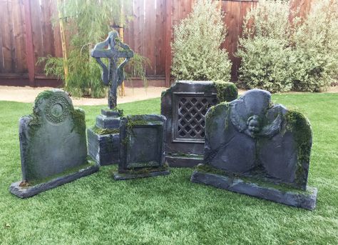 DIY Tombstones! Made these with installation foam, monster mud, acrylic paint, and lots of tools: jigsaws, exact-o knives, files, etc. Topped off with diorama "grass" for a mossy look. Tombstones Diy, Diy Tombstone, Foam Tombstones, Halloween Tombstones Diy, Tombstone Diy, Monster Mud, Grave Headstones, Halloween Lawn, Tombstone Designs