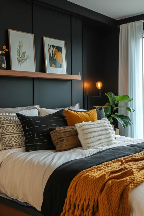 25 Bold Black Accent Wall Bedroom Ideas to Upgrade Your Space - Roomy Retreat How To Do A Accent Wall Bedroom, No Bedhead Ideas, Bedroom Black Accent Wall Boho, Dark Panel Wall Bedroom, Board And Batten Wall Black Bedroom, Pine And Black Bedroom, Wall Above King Size Bed, Accent Wall Bedroom Gray Headboard, Bedroom Black Accent Wall Ideas