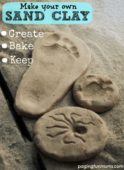 So cool!! Make your own Sand Clay - Create, Bake  Keep your own handmade keepsakes! Sand Clay Recipe, Sand Footprints, Decor Marin, Sand Clay, Diy Owl, Clay Recipe, Owl Candle, Sand Crafts, Vbs Crafts