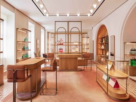 Hermès Encore in Milan | collectible DRY magazine Hermes Interior Design, Hermes Interior, Parisian Architecture, Herringbone Wood Floor, Herringbone Wood, Warm Palette, Curved Walls, Terrazzo Flooring, High Walls