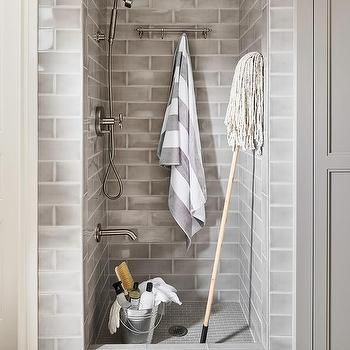 Laundry Room Dog Shower Clad in Gray Subway Tiles - Transitional - Laundry Room Contemporary Mudroom, Cottage Laundry Room, Transitional Laundry Room, Shower Curb, Traditional Laundry Room, Grey Laundry Rooms, White Laundry Rooms, Grey Subway Tiles, Gray Dog