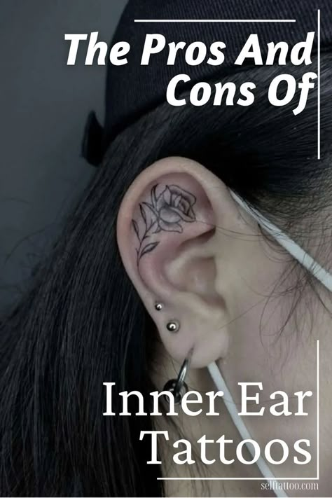 The inner ear can be the perfect placement for tiny tattoos. An inking here could be an alternative to a piercing, but the odd angles of the ear can cause some challenges, as well as the thin skin of the area. Inner Ear Tattoo With Piercing, Small Ear Tattoos, Small Tattoo Designs Unique, Flower Tattoo Ear, Small Tattoos Meaningful, Small Tattoos Cute, Inner Ear Piercing, Inner Ear Tattoo, Small Tattoos Ideas