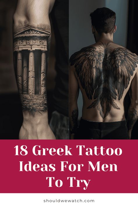 18 Striking Greek Tattoo Ideas for the Modern Spartan Roman Soldier Tattoo Sleeve, Greek Titan Tattoo, Roman Back Tattoo, Mythology Tattoos Mythical Creatures, Greek Building Tattoo, Nike Goddess Tattoo, Greek Forearm Tattoo, Greek Architecture Tattoo, Greek Dragon