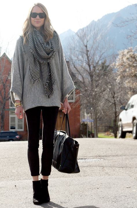 Fall Outfit // grey poncho sweater, black suede pants, black wedge booties, black & grey houndstooth scarf, black leather tote, silver statement necklace, layers Ankle Boots With Leggings, Poncho Outfit, Ankle Boots With Jeans, Houndstooth Scarf, How To Wear Ankle Boots, Boots Outfit Ankle, Grey Poncho, How To Wear Leggings, Booties Outfit