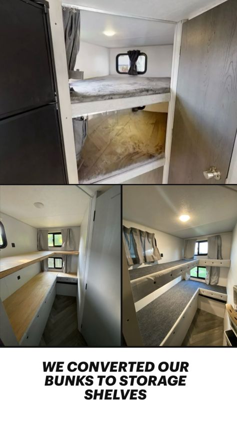 We converted our RV bunks into storage shelves. Removed the mattresses, measured and cut the wood using a jig saw, then created new trim using wood and fabric. Purchased carpet from Home Depot and cut to size. Stapled it down. Now to organize! Rv Bunks Remodel, Camper Repair, Wood And Fabric, Jig Saw, Rv Renovations, Full Time Rv, Rv Stuff, Storage Shelves, From Home