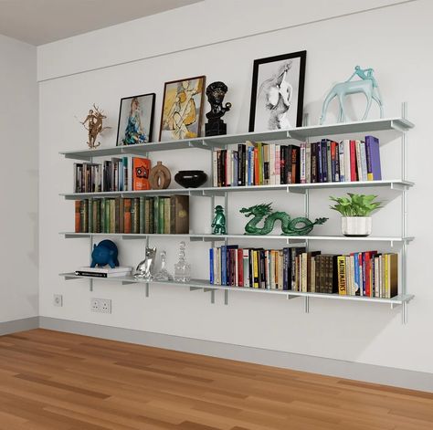 Wall Mounted Shelving Units - 3 Shelf Aluminum – Modern Shelving Wall With Shelves, Designs For Walls, Shelving Units Living Room, Wall Mounted Shelving, Wall Mounted Shelving Unit, Space Saving Shelves, Decorate Wall, Contemporary Shelving, Aluminum Shelves