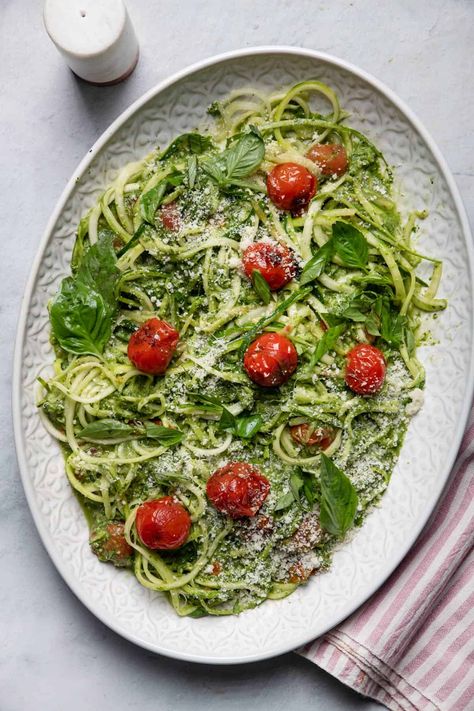 Pesto Zoodles is a low carb easy recipe inspired by pesto spaghetti; made lighter by spiralizing zucchini into long spaghetti-like strands! | Pesto Ideas | Pesto Recipes | Zucchini Recipes | Low Carb Recipes | Low Carb Friendly | Keto Friendly Pesto Zoodles, Blistered Tomatoes, Plating Ideas, Zucchini Spaghetti, Zoodle Recipes, Spiralizer Recipes, Low Carb Pasta, Homemade Pesto, Tasty Vegetarian Recipes