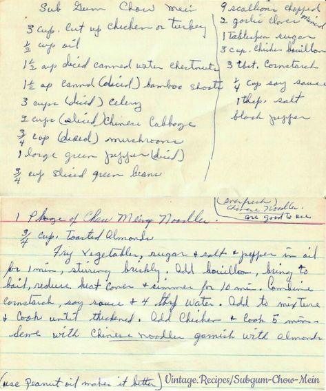 This is a handwritten recipe card for the American Chinese dish - Subgum Chow Mein.  This recipe includes chicken or turkey, bamboo shoots, Chinese cabbage, water chestnuts, and Chow Mein Noodles. #SubgumChowMein #Subgum #ChowMein #Chicken #Turkey #Chinese #VintageRecipe #Vintage #Recipe Chicken Subgum Recipe, Chicken Subgum Chow Mein Recipe, Chicken Subgum, Subgum Chow Mein Recipe, Chow Mein Recipe, Almond Chicken, Traditional Thanksgiving Menu, Chicken Bouillon, Chicken Chow Mein